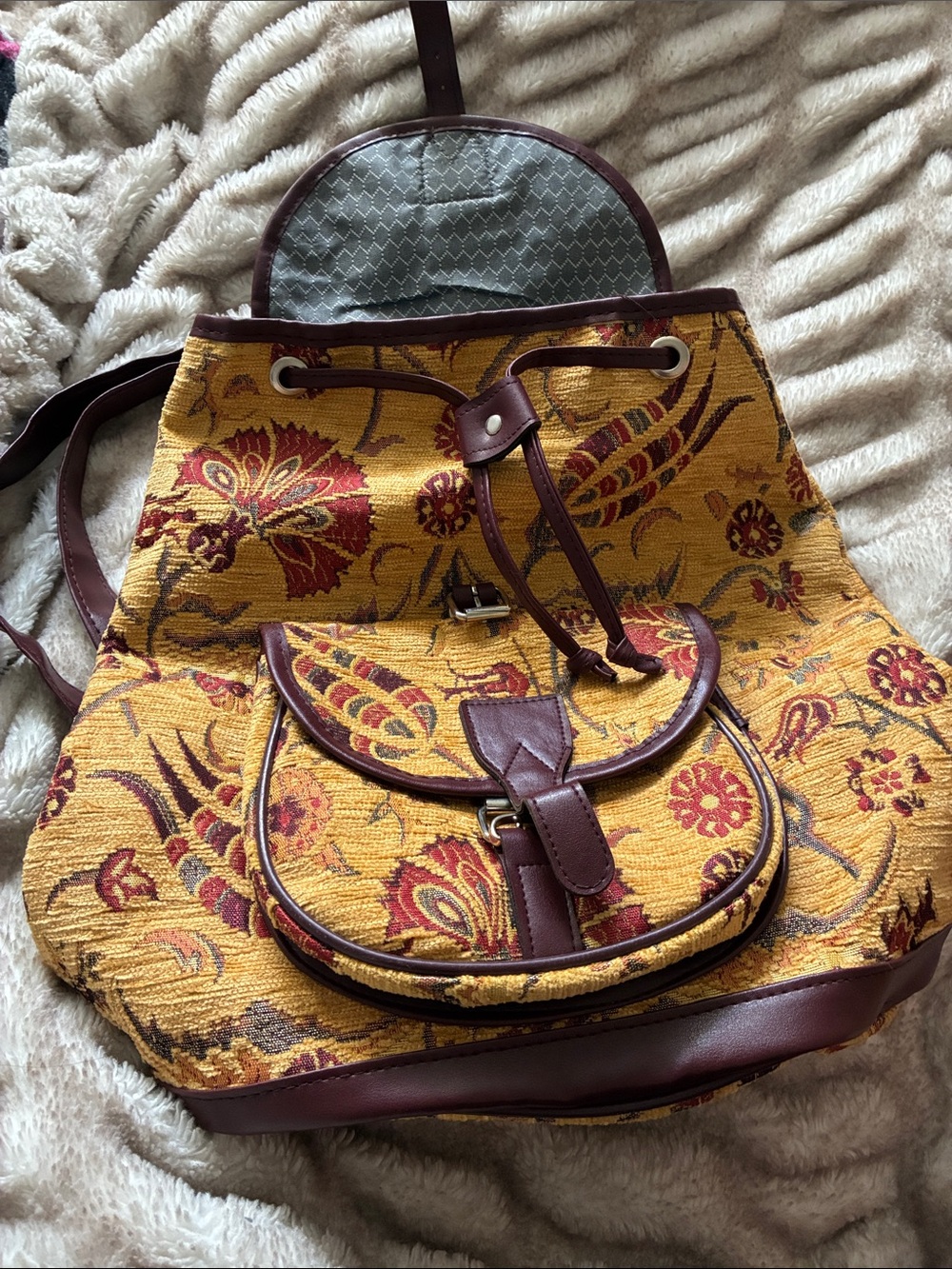 Yellow Floral Tapestry Drawstring Backpack with Brown Trim